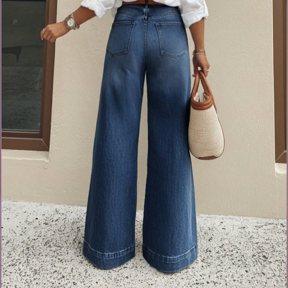 Dark Wash Women's Casual Wide Leg Long Jeans with Medium Stretch - Picture 3 of 5